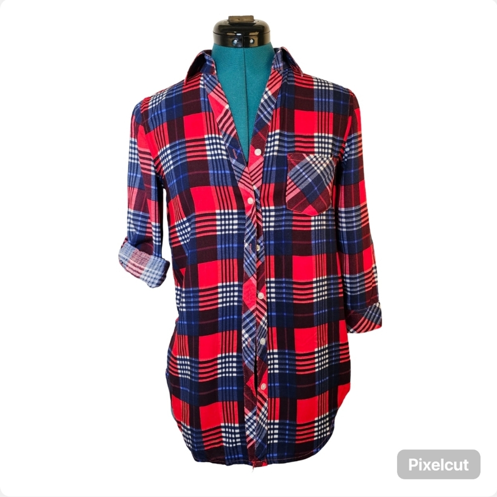 Rebel Sugar red navy white plaid 3/4 sleeve button-down shirt top size XS US